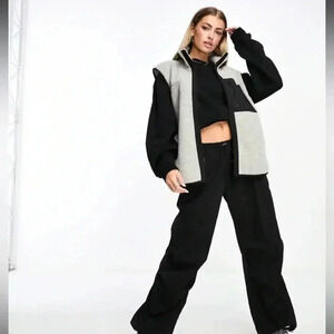 NWOT ASOS Weekend Collective borg nylon zip through vest in grey w/ embroidery